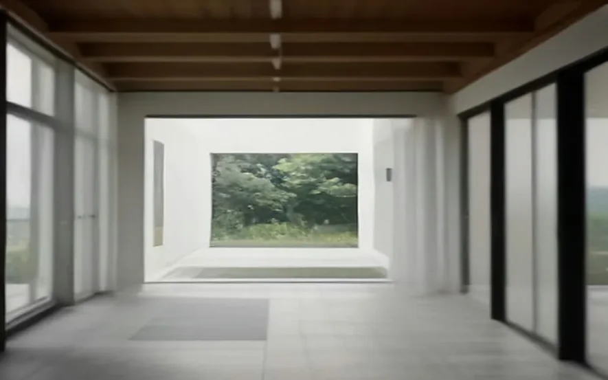 La Cañada Courtyard House: Living room open to the oak court