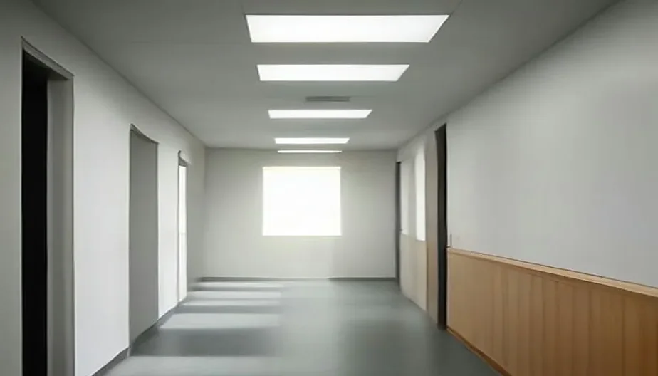 Commercial architect in Glendale: medical office reception with oak slat wall and terrazzo floor